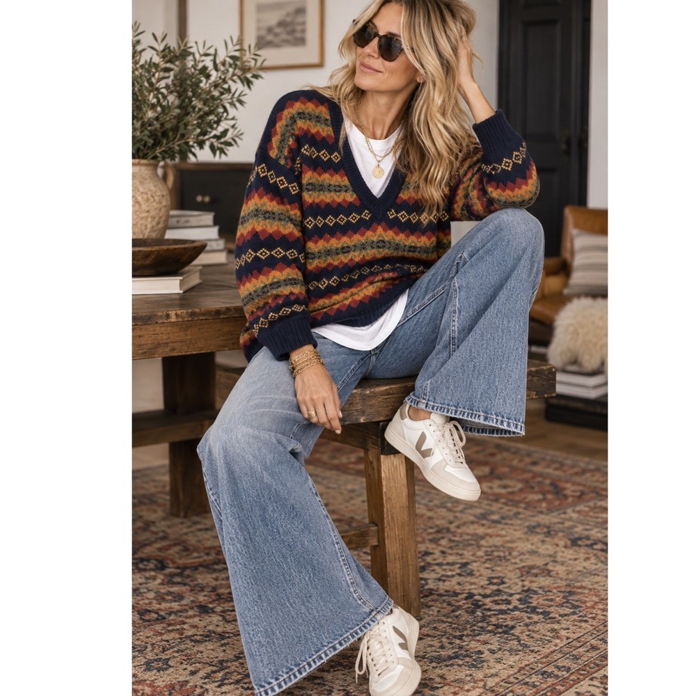 Adrianna Papell Vintage Fair Isle Knit V-Neck Sweater Navy Multi Boho Pockets